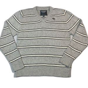 Vintage Abercrombie & Fitch Women's XL V-Neck Gray Striped Sweater 90s Preppy